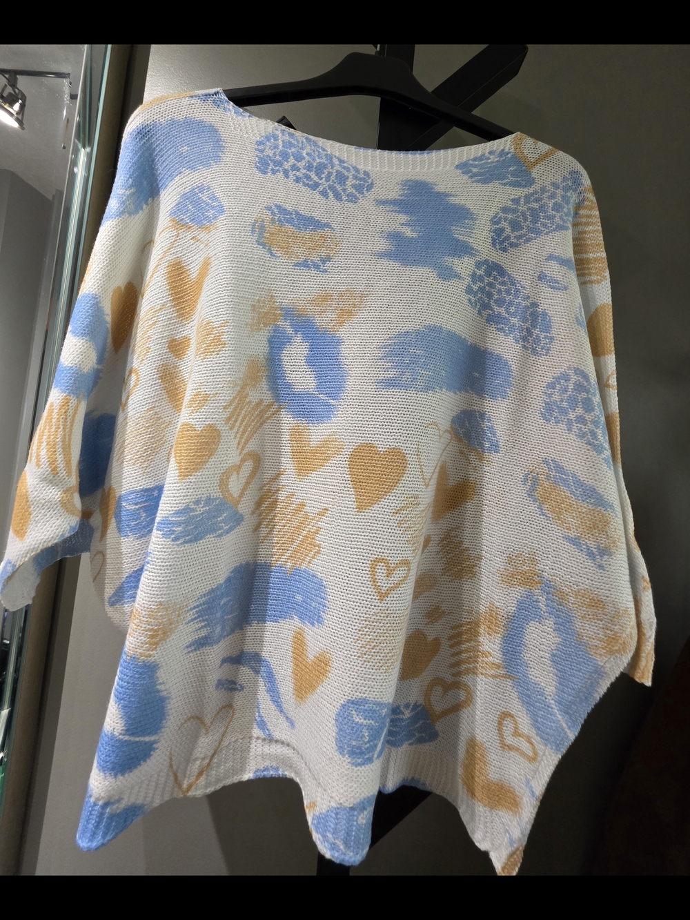 Women’s Cream Knit Sweater with Blue and Tan Heart Print